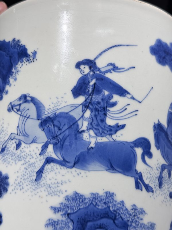 明崇祯 青花骑马人物典故笔筒 - 图15