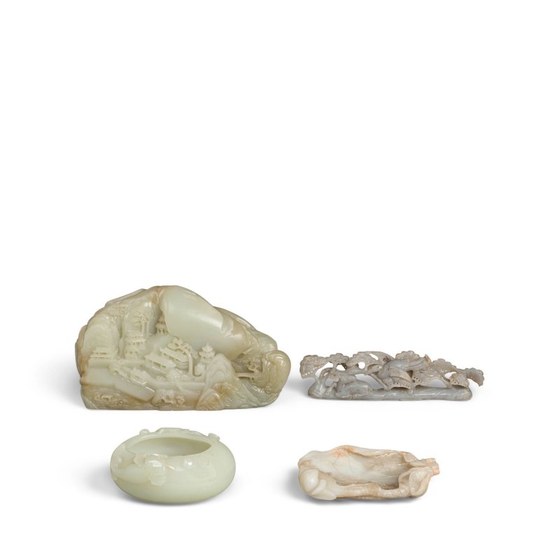 二十世紀 青玉山子 青灰玉福祿壽擺飾 青玉筆舔 青玉筆洗 | FOUR JADE CARVINGS FOR THE SCHOLAR'S TABLE