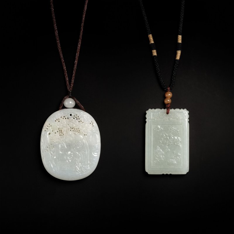 清末/民國　白玉祝壽圖珮 及 白玉詩文珮 | TWO WHITE JADE PENDANTS