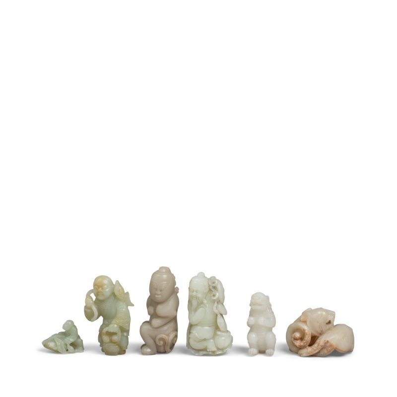 二十世紀 玉雕人物動物六件 | SIX JADE CARVINGS OF ANIMALS AND FIGURES