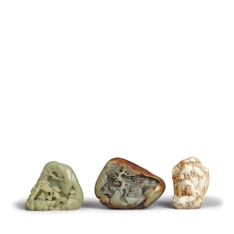 二十世紀 壽山石、青玉雕山水人物圖山子三件 | THREE SOAPSTONE AND JADE 'LANDSCAPE' BOULDERS