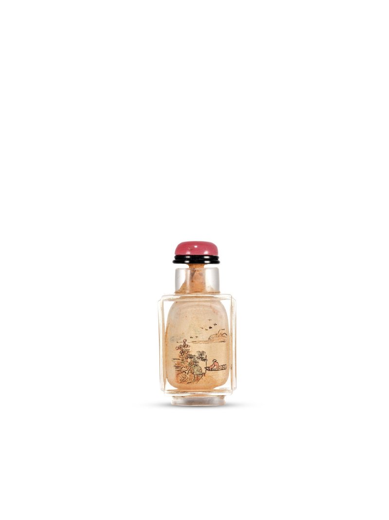 清十九世紀　陳銓作水晶內畫泛舟圖鼻煙壺 | AN INSIDE-PAINTED CRYSTAL 'WATERSCAPE' SNUFF BOTTLE