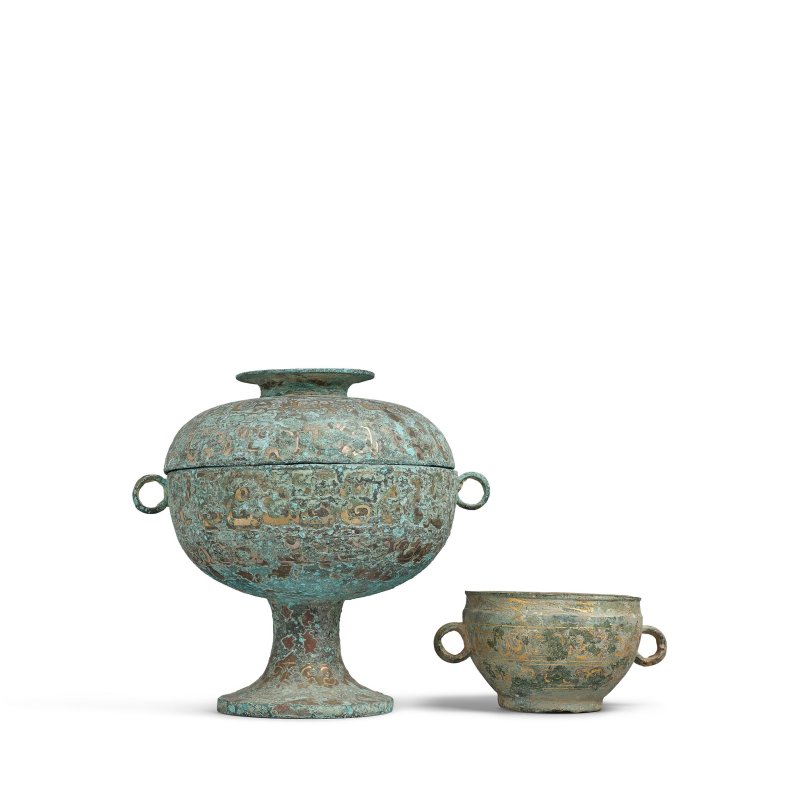 二十世紀仿東周/戰國 錯金銀銅豆 錯金銀帶把銅鉌 | TWO INLAID BRONZE VESSELS