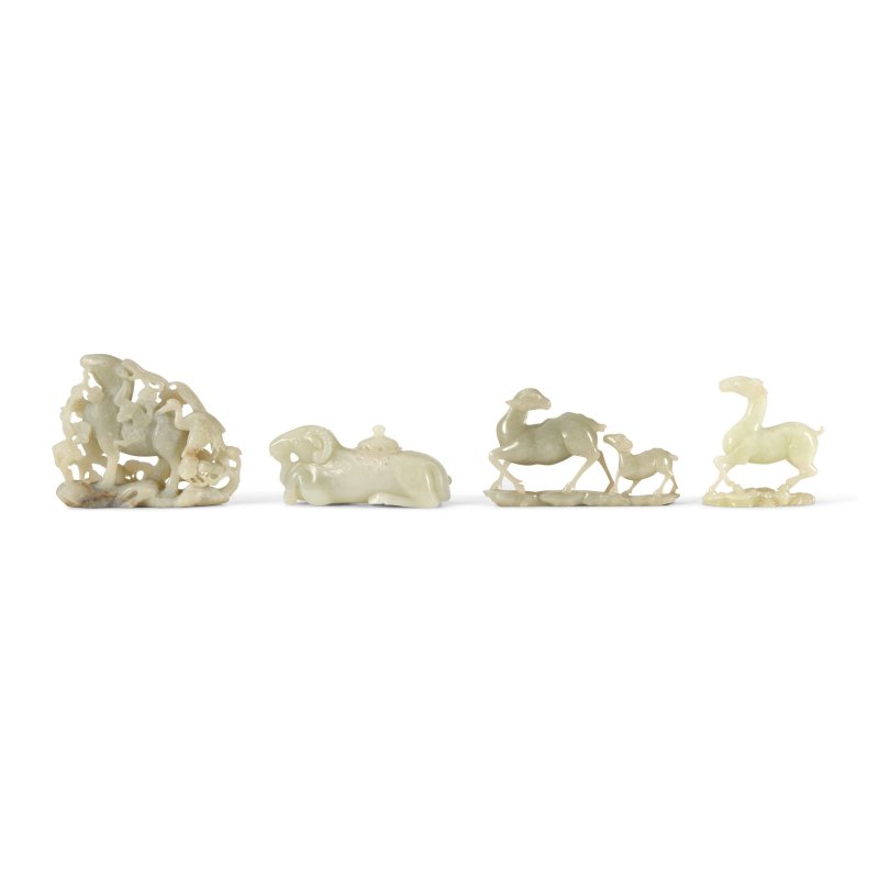 二十世紀 青玉石雕瑞獸四件 | FOUR CELADON JADE AND HARDSTONE CARVINGS OF ANIMALS