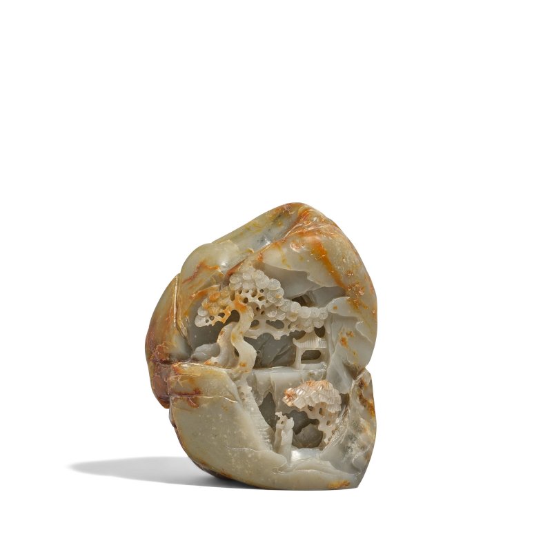 十九/二十世紀 帶皮青玉松澗閑居圖山子 | A CELADON AND RUSSET JADE 'MOUNTAIN RETREAT' BOULDER - 图2