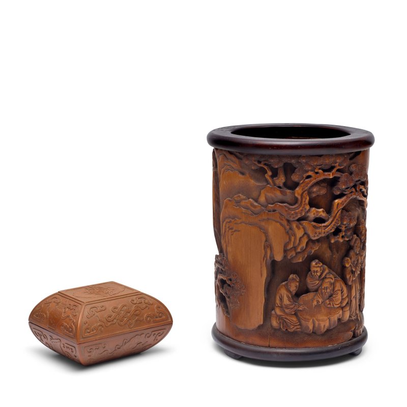 二十世紀 竹刻山水人物圖筆筒 黃楊木貼皮八吉祥紋長方蓋盒 | A BAMBOO BRUSHPOT AND A BOXWOOD VENEERED RECTANGULAR BOX AND COVER