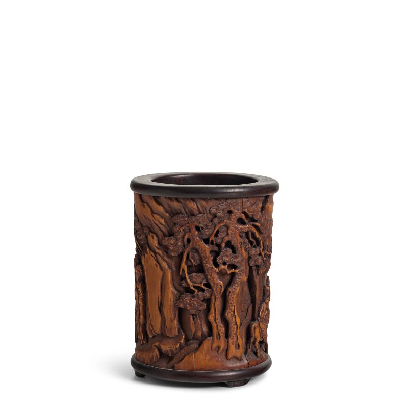 二十世紀 竹刻山水人物圖筆筒 黃楊木貼皮八吉祥紋長方蓋盒 | A BAMBOO BRUSHPOT AND A BOXWOOD VENEERED RECTANGULAR BOX AND COVER - 图3