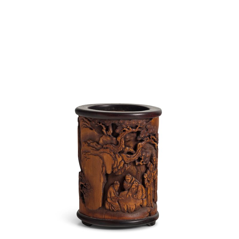 二十世紀 竹刻山水人物圖筆筒 黃楊木貼皮八吉祥紋長方蓋盒 | A BAMBOO BRUSHPOT AND A BOXWOOD VENEERED RECTANGULAR BOX AND COVER - 图4
