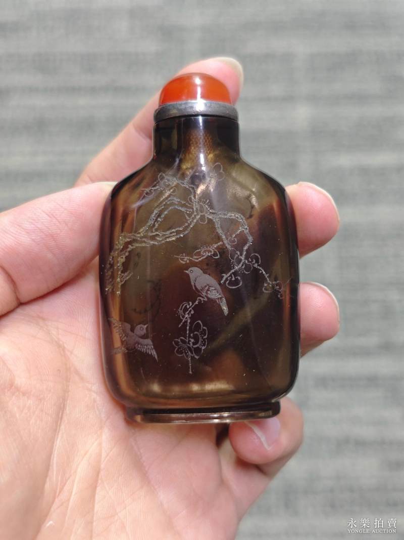 清 茶晶暗刻龙纹鼻烟壶 - 图5