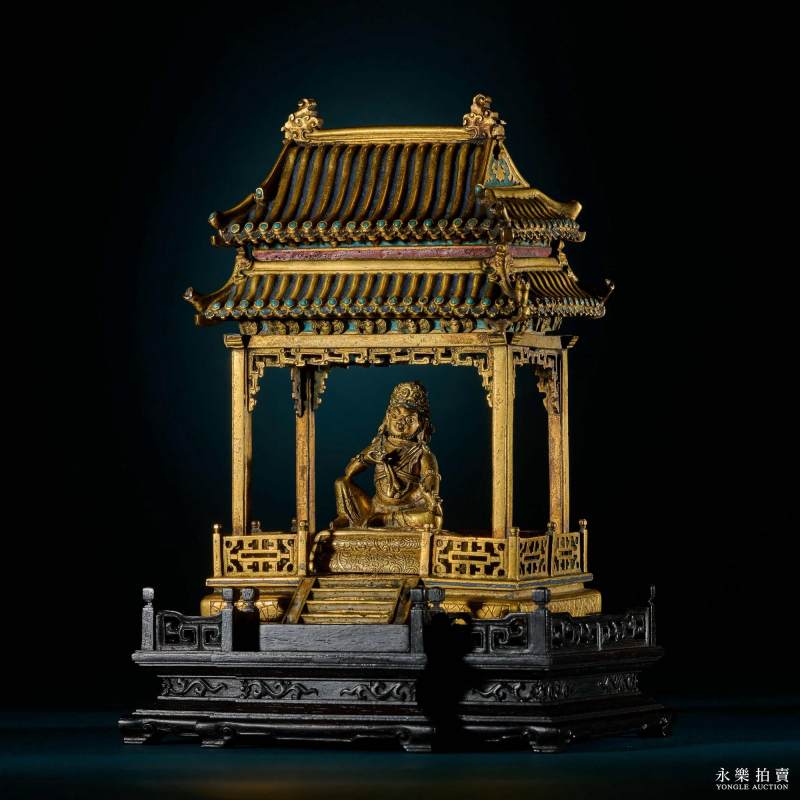 清康熙 （宫廷）铜鎏金黄财神填珐琅殿式佛龛（一组） - 图3