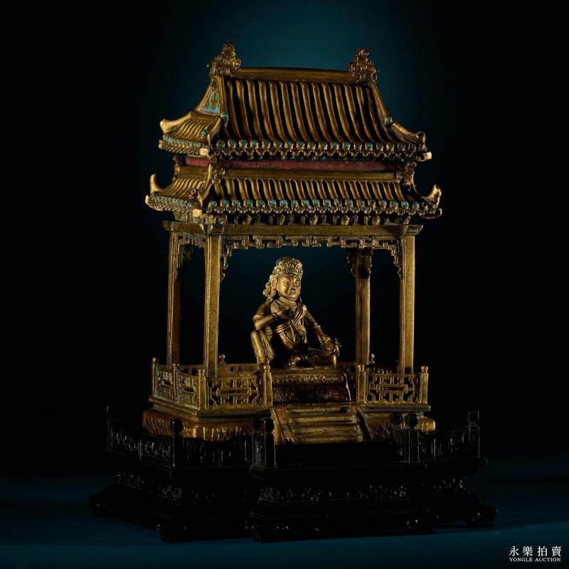 清康熙 （宫廷）铜鎏金黄财神填珐琅殿式佛龛（一组） - 图5