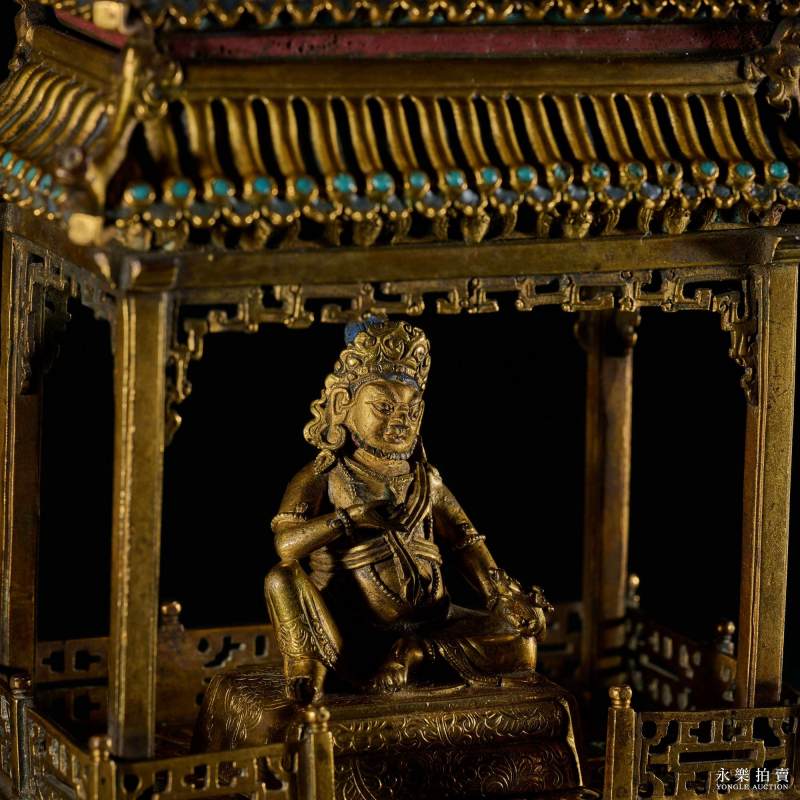 清康熙 （宫廷）铜鎏金黄财神填珐琅殿式佛龛（一组） - 图6