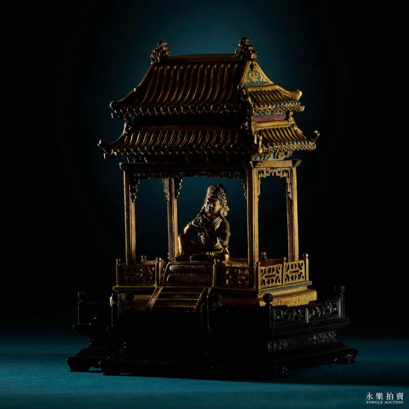 清康熙 （宫廷）铜鎏金黄财神填珐琅殿式佛龛（一组） - 图8