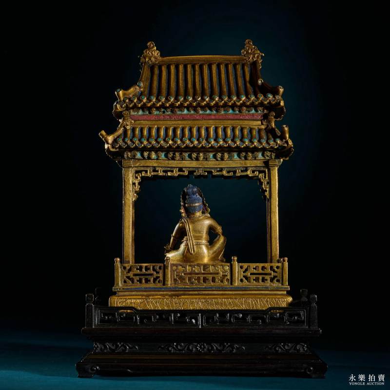 清康熙 （宫廷）铜鎏金黄财神填珐琅殿式佛龛（一组） - 图11