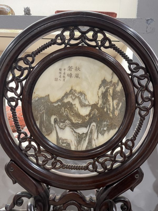 清 红木嵌云石案上屏一对 - 图5