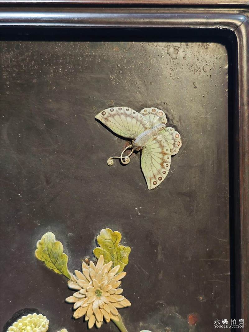 清乾隆 御制紫檀嵌瓷饰芙蓉石御题「菊花」转心插屏 - 图4