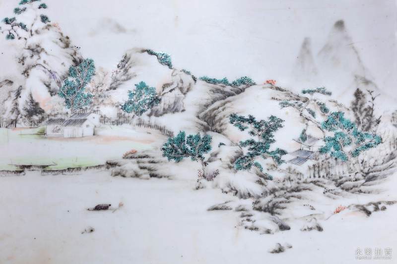清雍正 仿木纹釉墨彩山水四方大洗 - 图6
