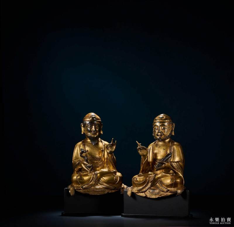元末明初 铜鎏金男相文殊普贤菩萨坐像（一组两尊） - 图2