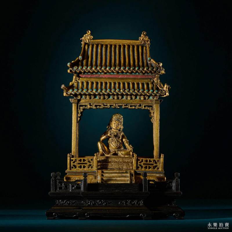 清康熙 （宫廷）铜鎏金黄财神填珐琅殿式佛龛（一组） - 图2