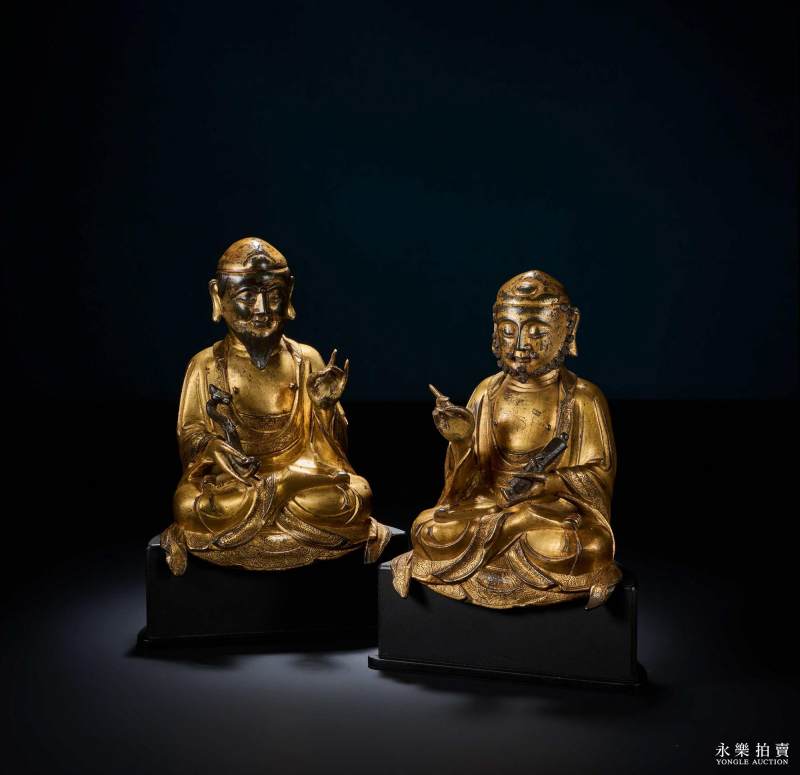 元末明初 铜鎏金男相文殊普贤菩萨坐像（一组两尊） - 图3