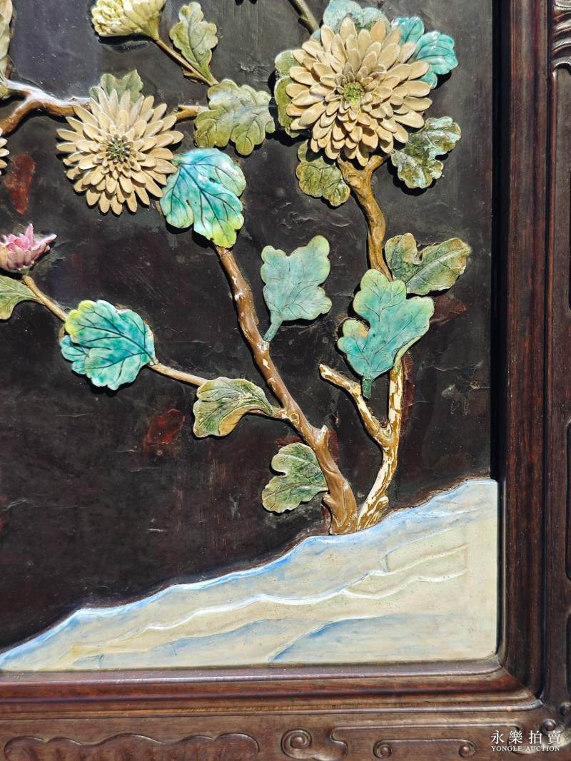 清乾隆 御制紫檀嵌瓷饰芙蓉石御题「菊花」转心插屏 - 图6
