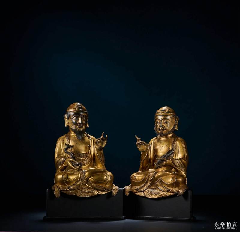 元末明初 铜鎏金男相文殊普贤菩萨坐像（一组两尊） - 图4