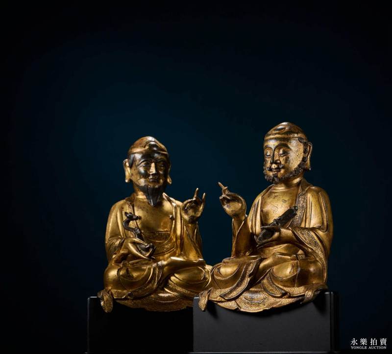 元末明初 铜鎏金男相文殊普贤菩萨坐像（一组两尊） - 图5