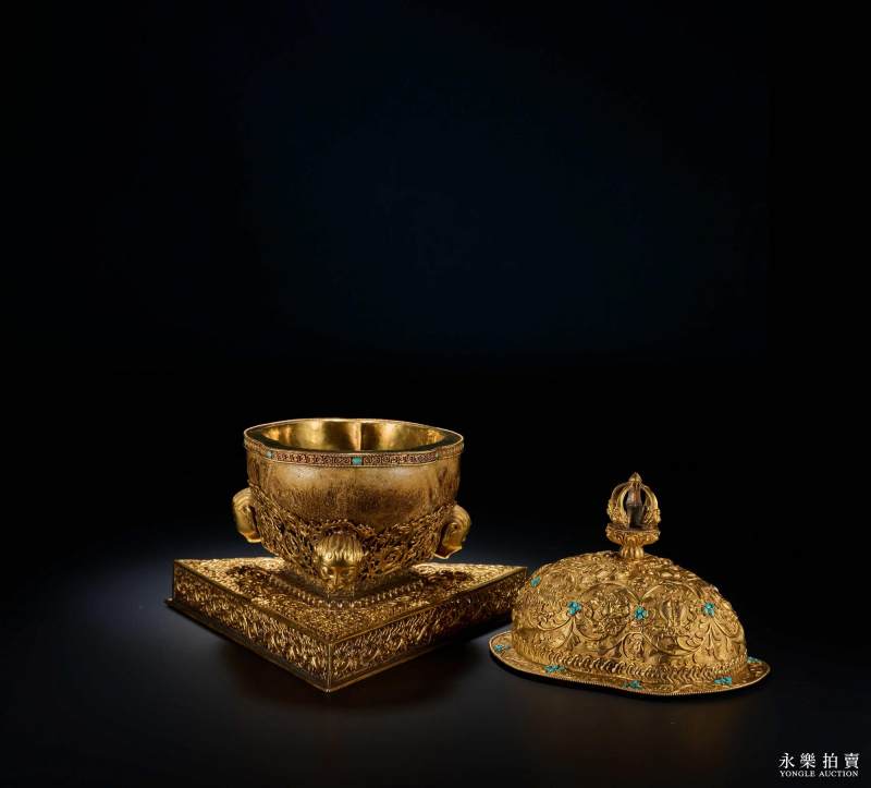 清乾隆 御制金质嵌松石八吉祥纹嘎巴拉碗 - 图3