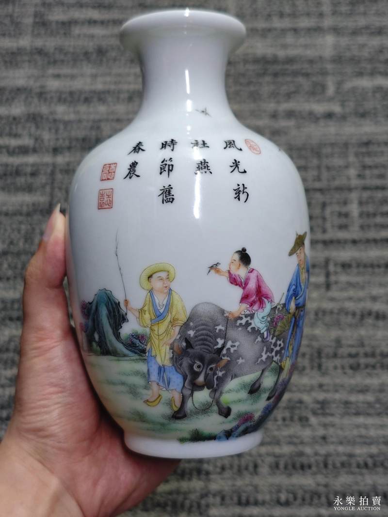 民国 珐琅彩牧牛图诗文灯笼瓶 - 图7