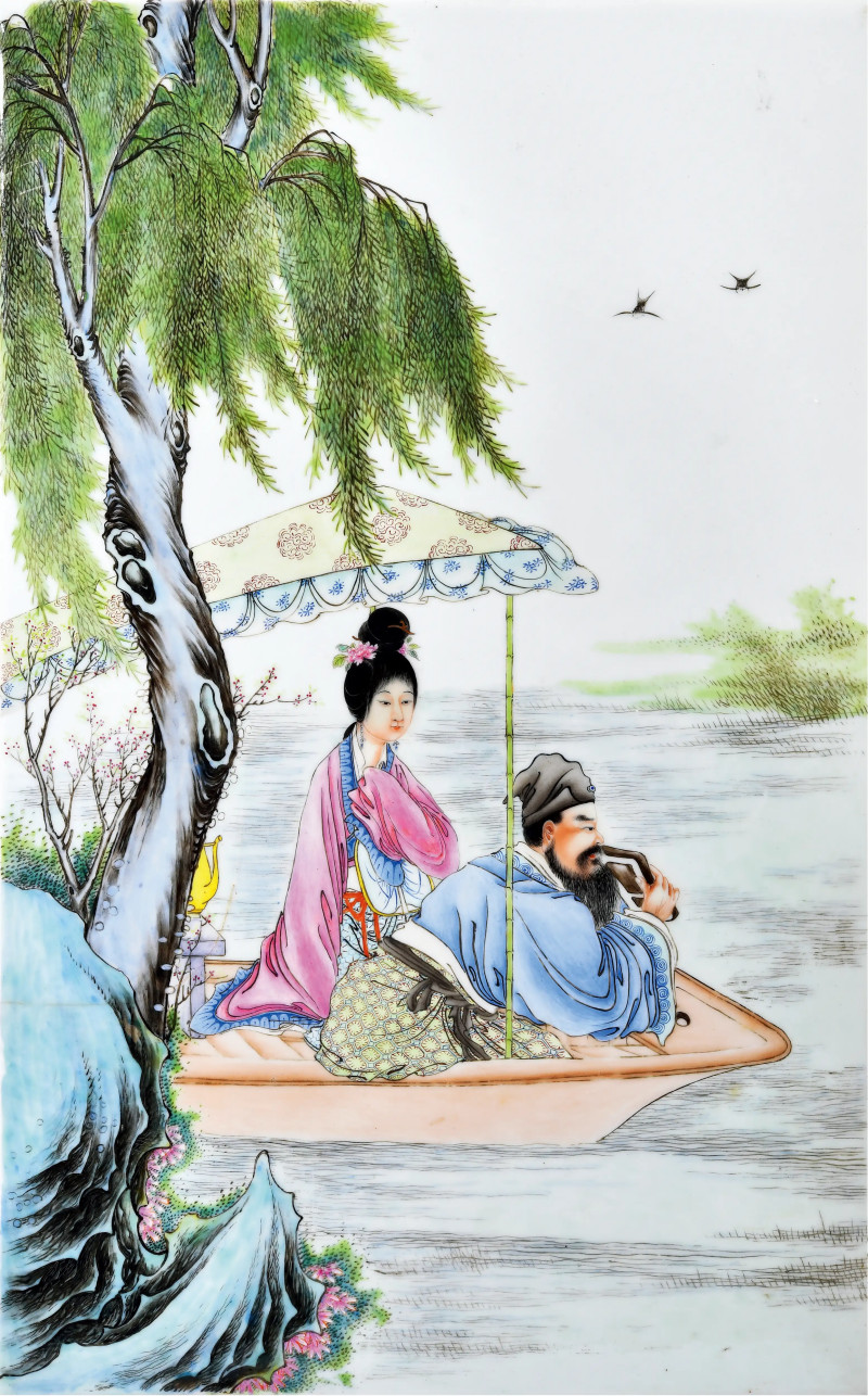 民国 粉彩东坡洗砚图中堂瓷板