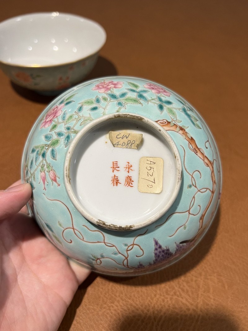 清光绪 松石绿地粉彩紫藤花鸟纹碗（一对） - 图5