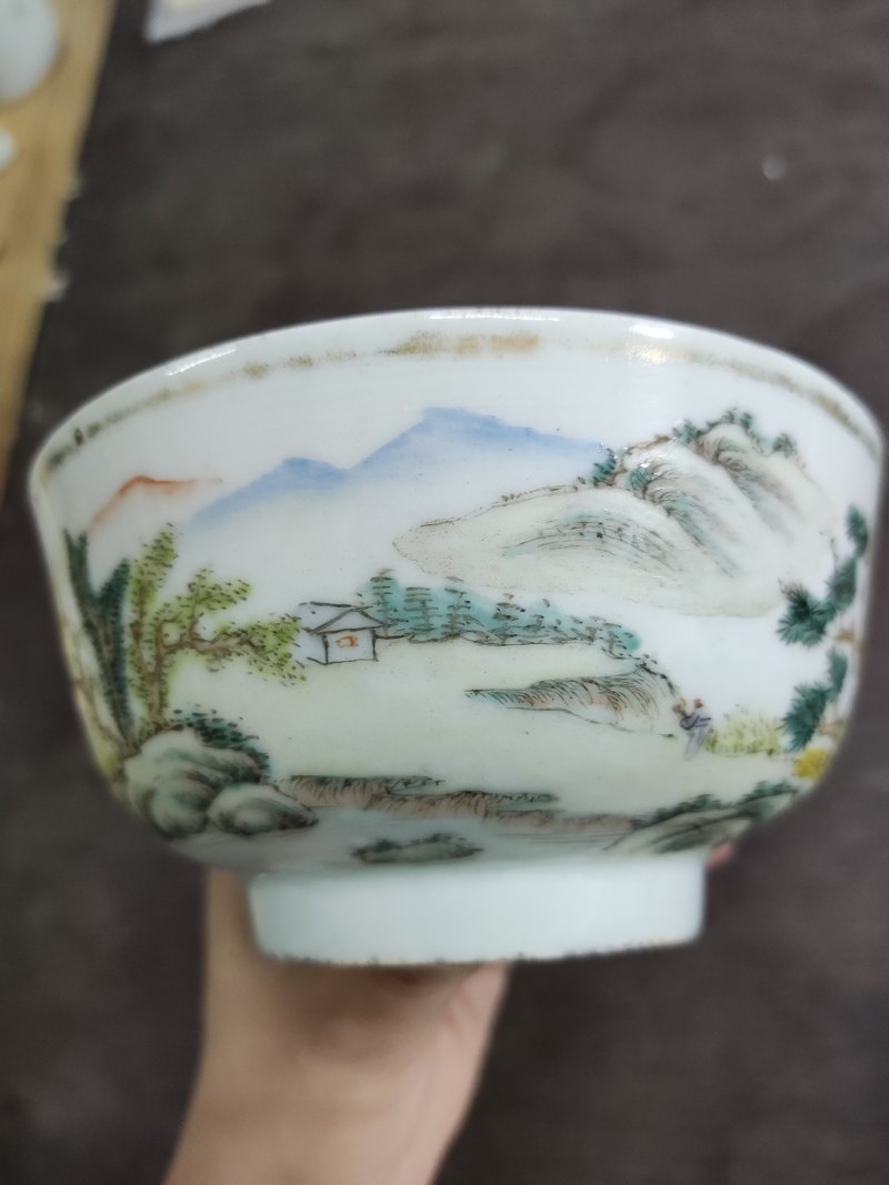 清 少维款浅绛彩山水碗 - 图5