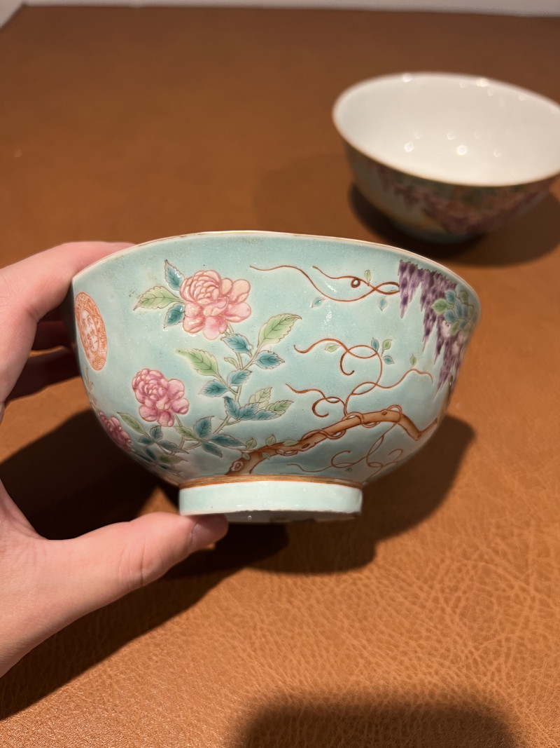 清光绪 松石绿地粉彩紫藤花鸟纹碗（一对） - 图7