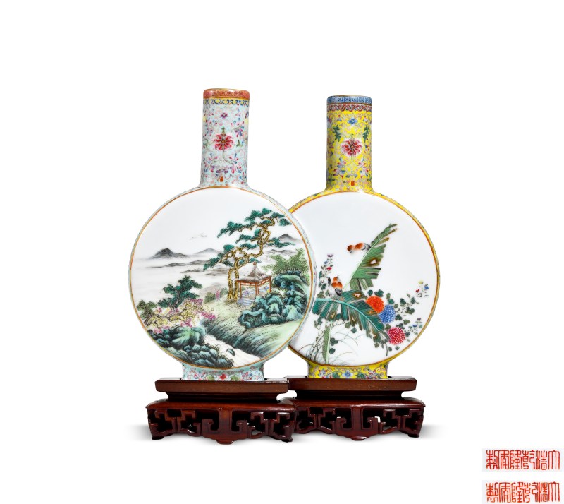 民国 粉彩山水花鸟双联瓶
