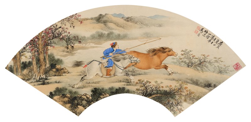 马晋 套马图扇面