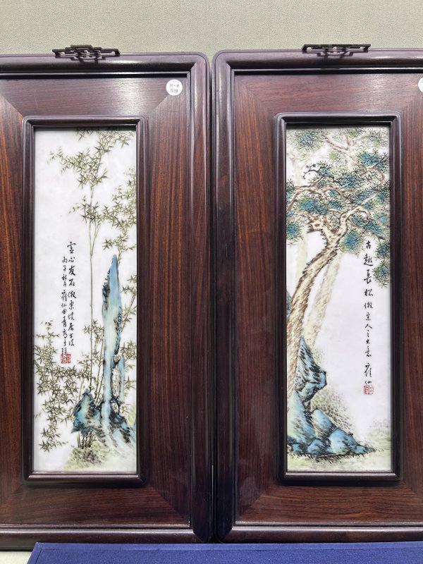1936年作 田鹤仙粉彩松竹图瓷板两幅 - 图2