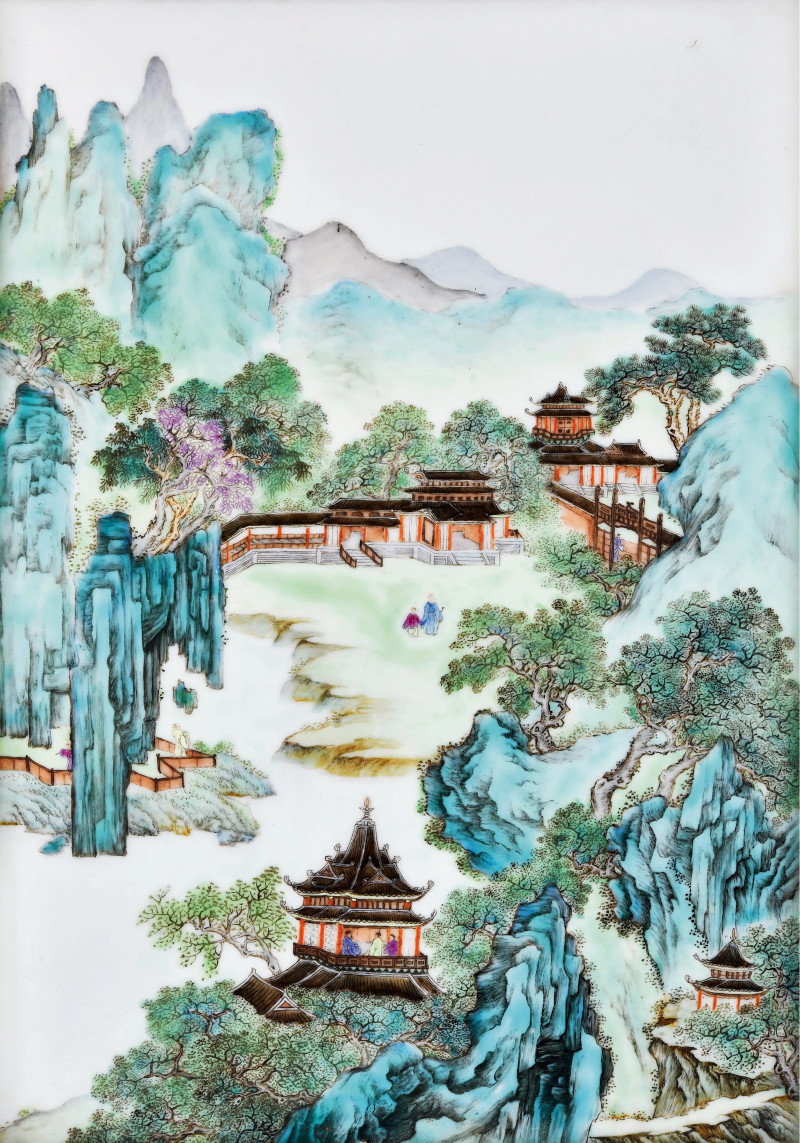 民国 粉彩宋人诗意山水图瓷板 - 图2