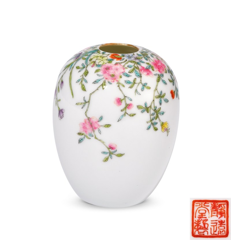 民国 静远堂制粉彩花卉图水盂