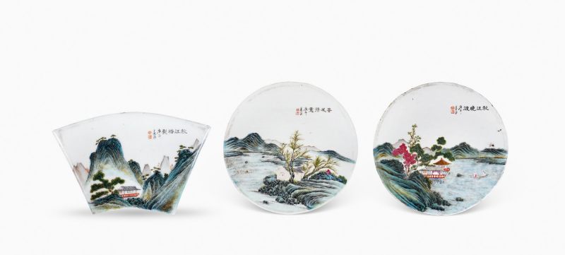 清 粉彩“秋江塔影”瓷板、“春风得意”瓷板、“秋江晚渡”瓷板