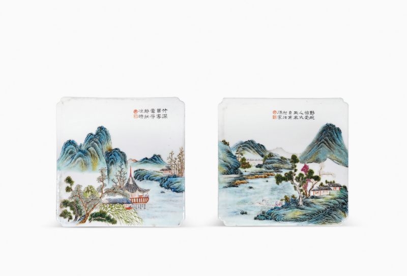 清 粉彩“竹深留客”瓷板、“沽酒家”瓷板