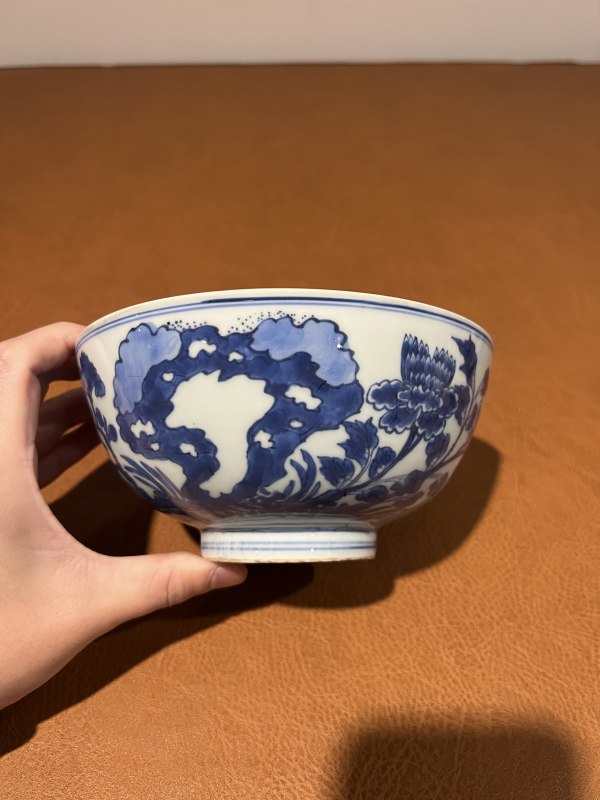 清康熙 青花洞石花鸟纹大碗 - 图2