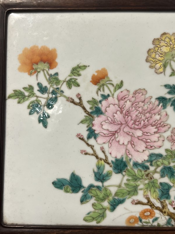 清乾隆 粉彩菊花牡丹纹砚屏（一对） - 图8