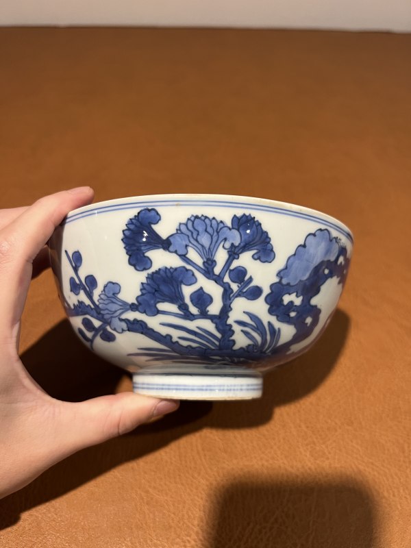清康熙 青花洞石花鸟纹大碗 - 图3