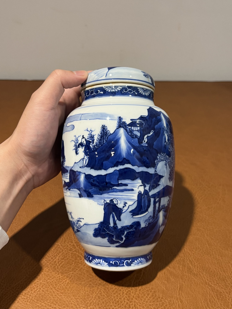 清康熙 青花山水人物纹莲子罐 - 图3