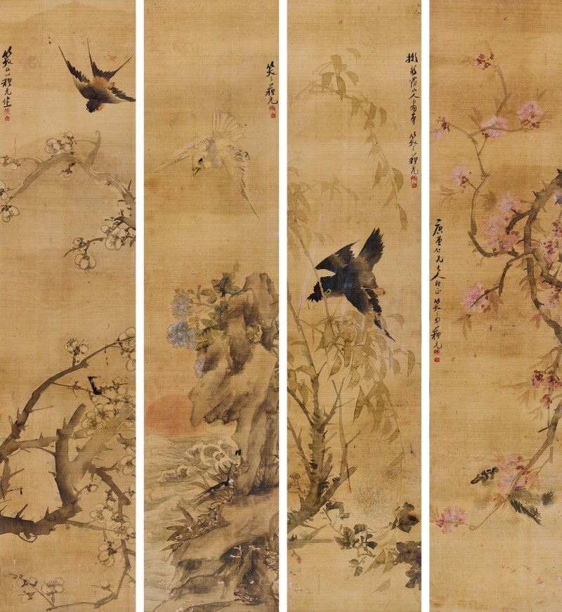 苏笑三 花鸟四屏