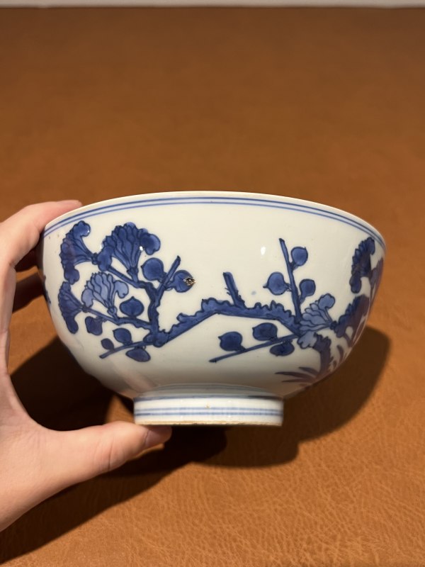 清康熙 青花洞石花鸟纹大碗 - 图4