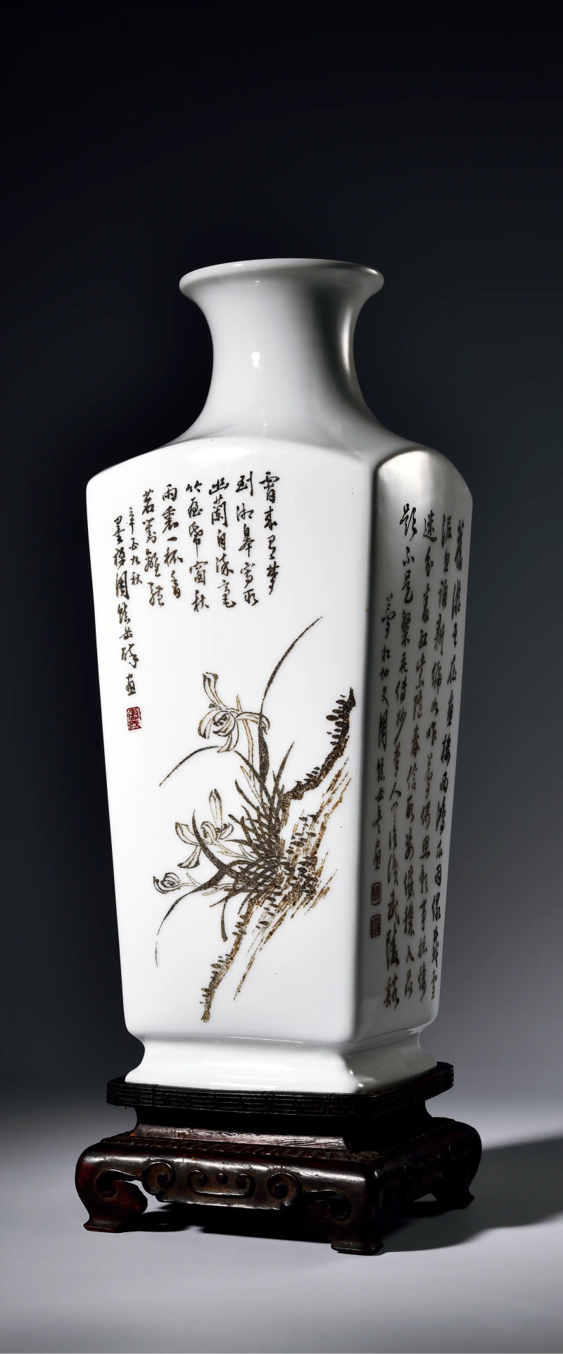 1927年作 朱友麟周镇岳稿梅兰诗文刻瓷方瓶