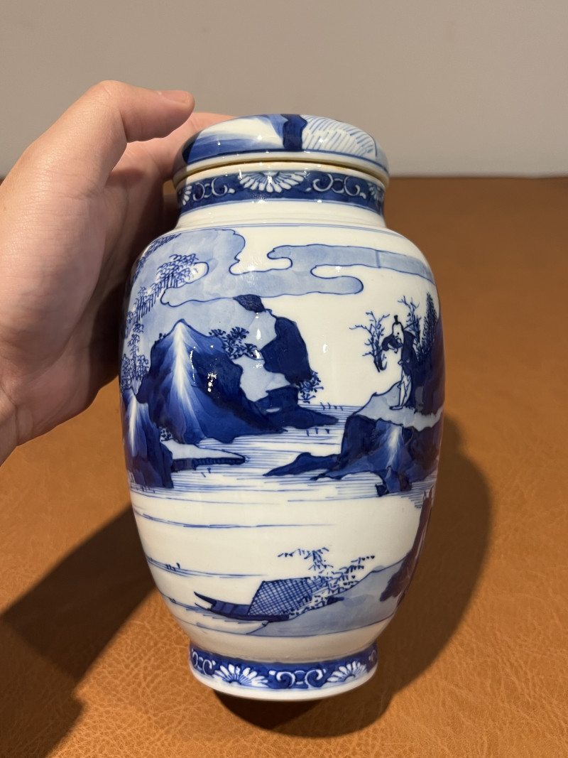 清康熙 青花山水人物纹莲子罐 - 图4