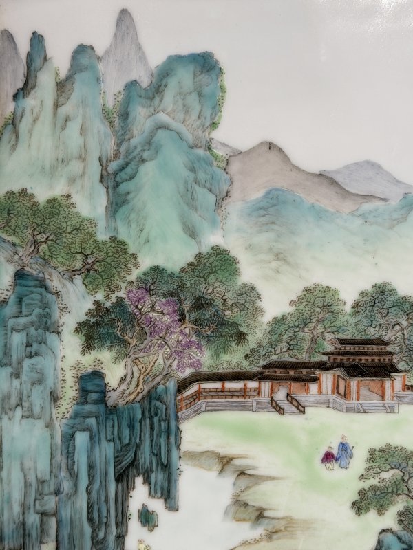 民国 粉彩宋人诗意山水图瓷板 - 图6
