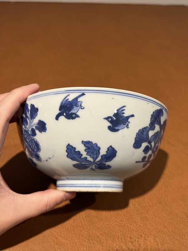 清康熙 青花洞石花鸟纹大碗 - 图5